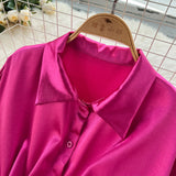 Rochie Misuri roz fucsia din material satinat cu snur in talie