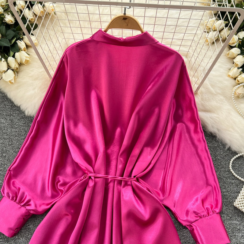 Rochie Misuri roz fucsia din material satinat cu snur in talie