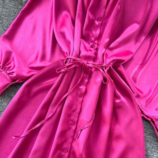 Rochie Misuri roz fucsia din material satinat cu snur in talie