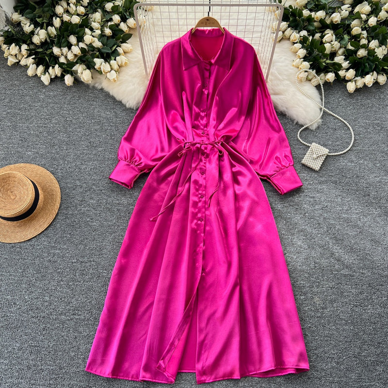 Rochie Misuri roz fucsia din material satinat cu snur in talie