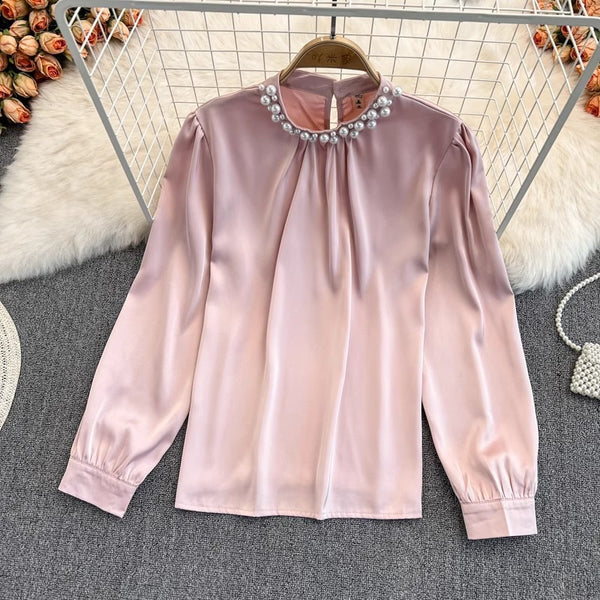 Bluza Yanna roz cu decolteu accesorizat cu perle