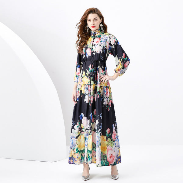 Rochie Oasis neagra cu imprimeu floral si snur in talie