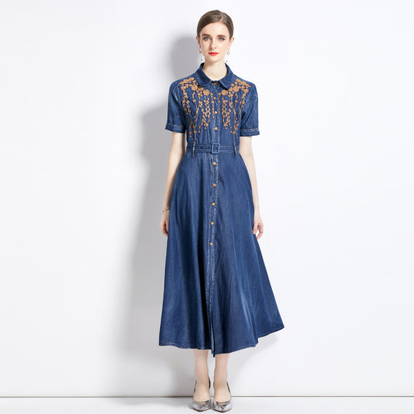 Rochie Avina din denim cu detalii brodate