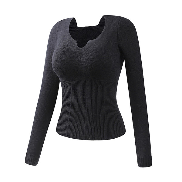 Bluza Ranida neagra din tricot reiat cu decolteu in V si cupe