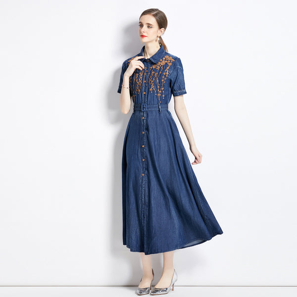 Rochie Avina din denim cu detalii brodate