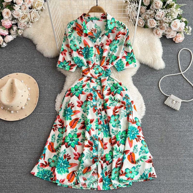 Rochie Omana verde cu imprimeu floral si curea lata accesorizata