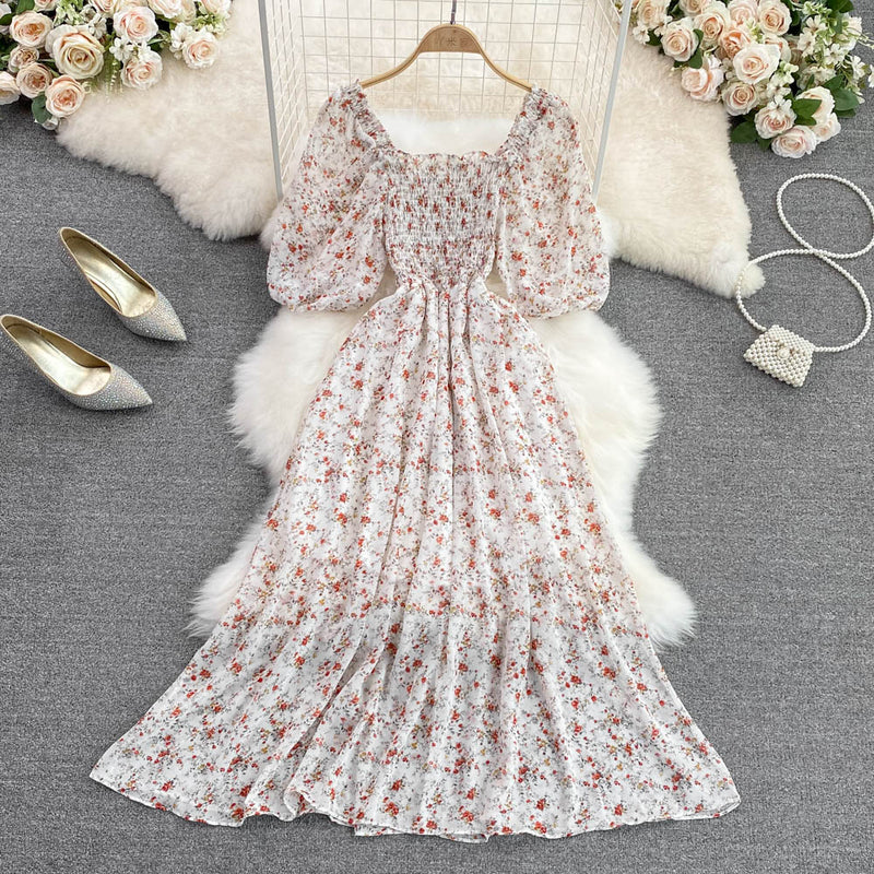 Rochie Blossom alba cu flori portocalii din material vaporos cu decolteu patrat