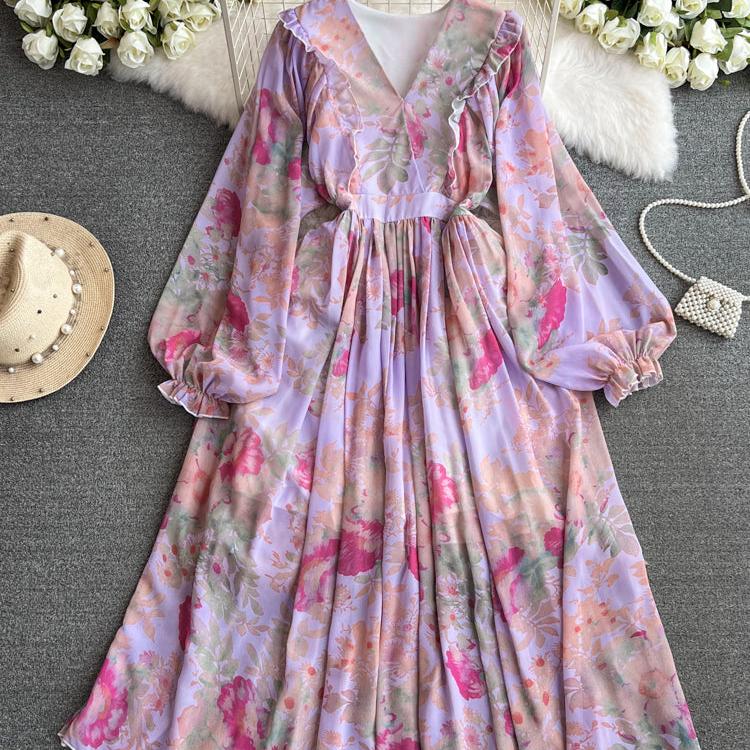 Rochie Darella mov cu imprimeu floral si volanase